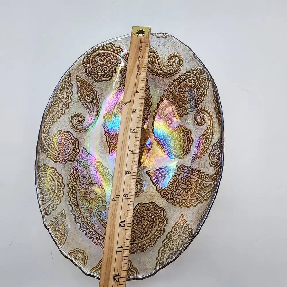 Paisley Carnival Glass Bowl Decorative Oval Embossed MCM Iridescent 9x12 Vintage